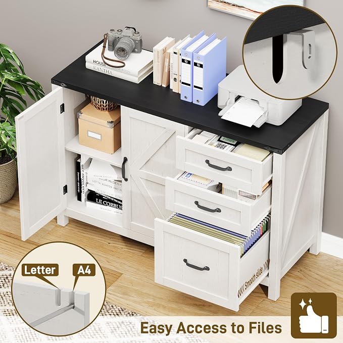 Farmhouse File Cabinet with Doors, Lateral Filing Cabinet, White and Black | Filing Cabinet with 3 Drawers for Letter/A4 Size Hanging Files, Wooden Storage with Adjustable Shelves for Home Office