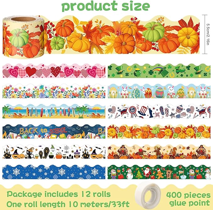 Geyee 12 Rolls 394 ft Holiday Bulletin Board Borders Seasonal Bulletin Board Decorations Easter Summer Trim for School Classroom Wall Decor