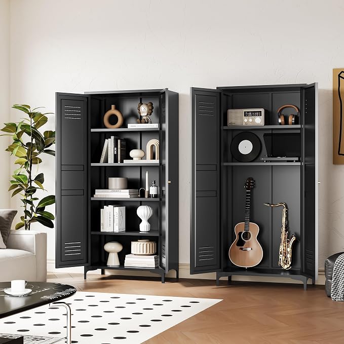 Fesbos Metal Storage Cabinet-61” Tall Steel File Cabinets with Doors and 4 Adjustable Shelves-Black Steel Storage Cabinet for Home,Kitchen, School, Office, Garage