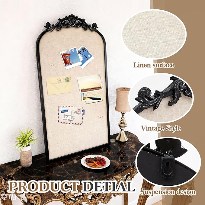 Vintage Framed Pin Board Linen Display Bulletin Board Large Ornate Fabric Picture Photo Pinboard Memo Decorative Prayer Pinboard Ornate for Wall Gift(Arch,13" X 25",Retro Black)