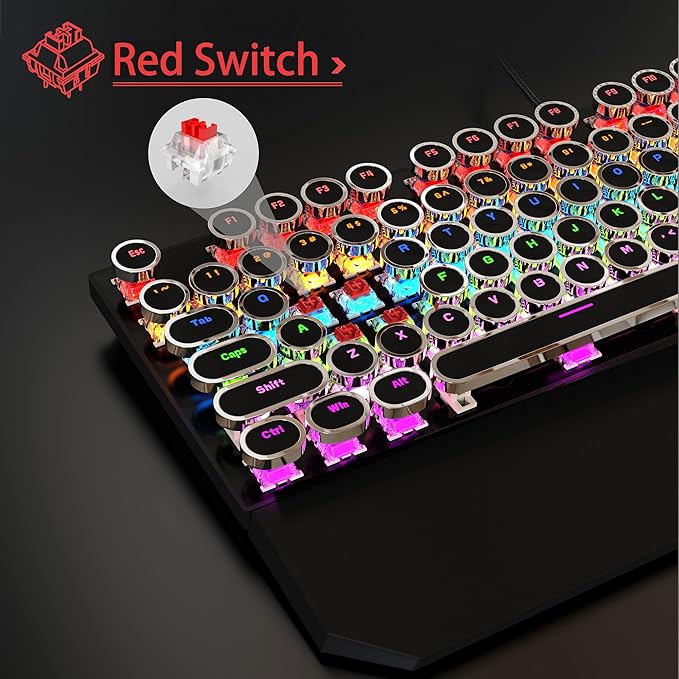 Typewriter Mechanical Gaming Keyboard and Mouse Combo, Retro Punk Round Keycaps RGB Rainbow Backlit Wired Keyboard for Game and Office, for Windows Laptop PC, Red Switches(Black)