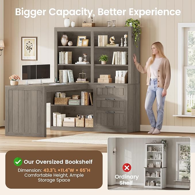 SEDETA Farmhouse L Shaped Computer Desk, 59'' Wood Office Desk with 3 Drawers and 5-Tier Bookshelf, Corner Desk with Storage Shelves and Power Outlet for Home Office Small Space, Grey