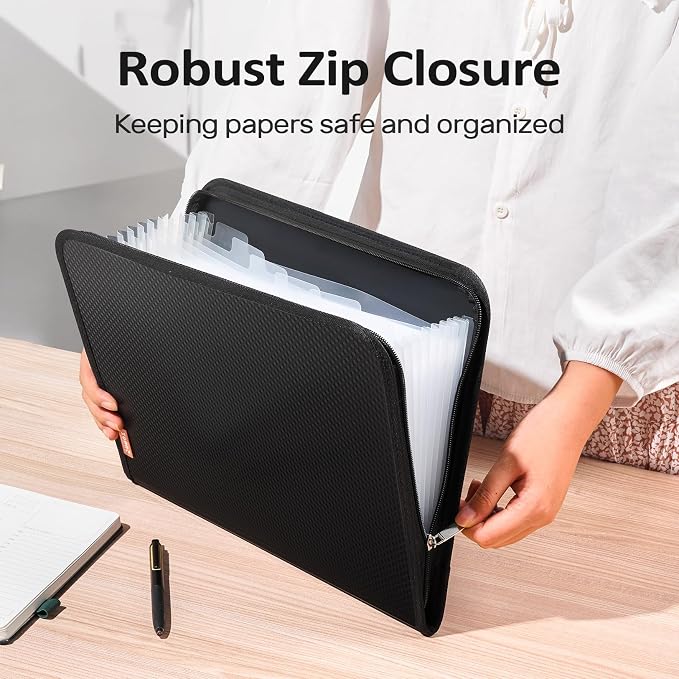 Sooez 13 Pocket Accordion File Organizer, Zipper Expanding File Folder A4 | Reinforced Plastic Accordion Folder Organizer, A4 Letter Size, Portable Folders for Documents, School Office Supplies, Pink