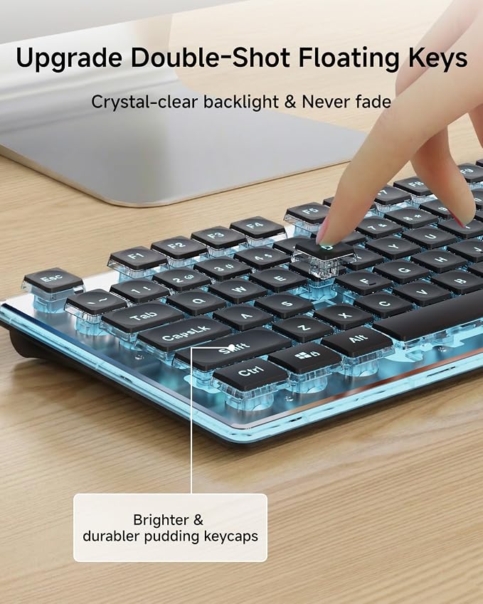 Wireless Keyboard and Mouse Combo with White Backlit Pudding Keycaps, Bluetooth & 2.4G, 2000mAh Rechargeable, Full Size, Metal Panel Quiet Computer Keyboard Set for Windows PC Desktop - Black