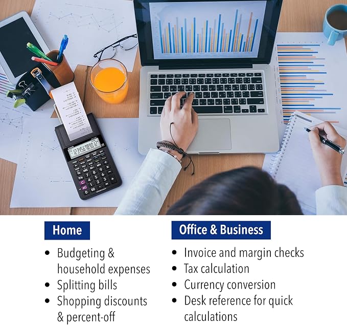 Casio HR-10RC Mini Desktop Printing Calculator, Black | Portable, 12-digit display, one-color printer, tax & currency; ideal for bookkeeping