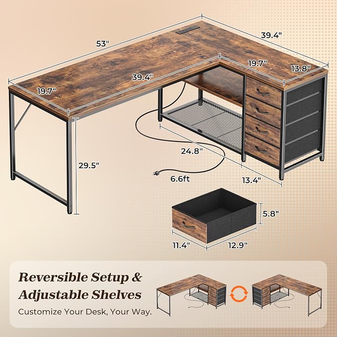53" L Shaped Desk with Power Outlets & 4 Drawers | Reversible Computer Desk with 2 Storage Shelves, Large Corner Office Desk for Gaming Writing Work Study, Rustic Brown