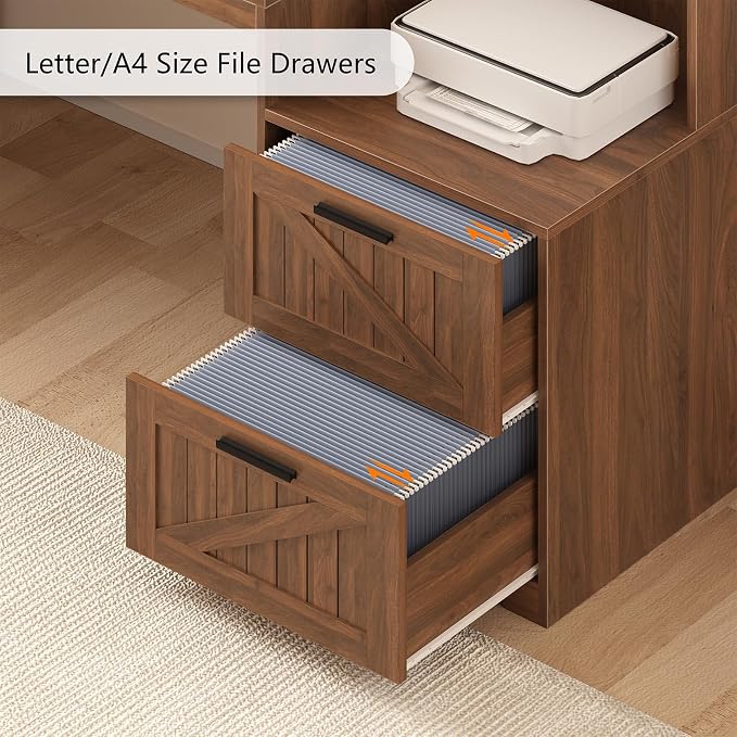 63" Farmhouse L Shaped Desk with Drawers and Printer Stand for Home Office | Computer Desk with Power Outlet, Home Office Desk with Storage Shelves and Monitor Stand, Brown