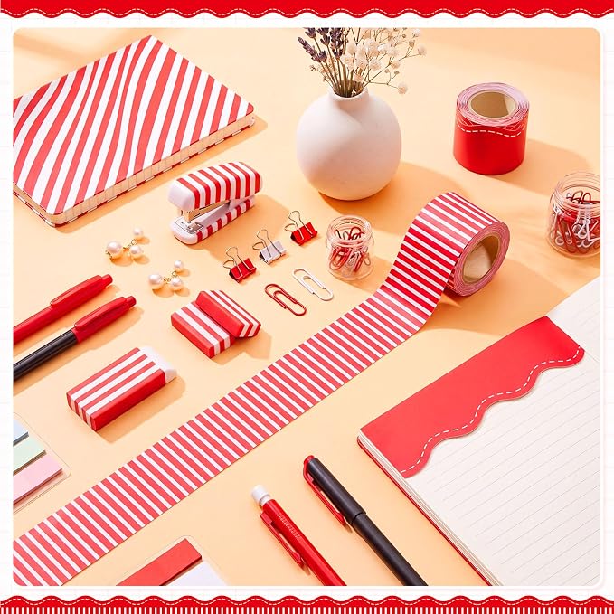 2 Rolls 65.6ft Red Striped Bulletin Board Borders Decoration Scalloped and Straight Edge Bulletin Borders Board Trim for Office School Classroom Chalkboard Party Decoration