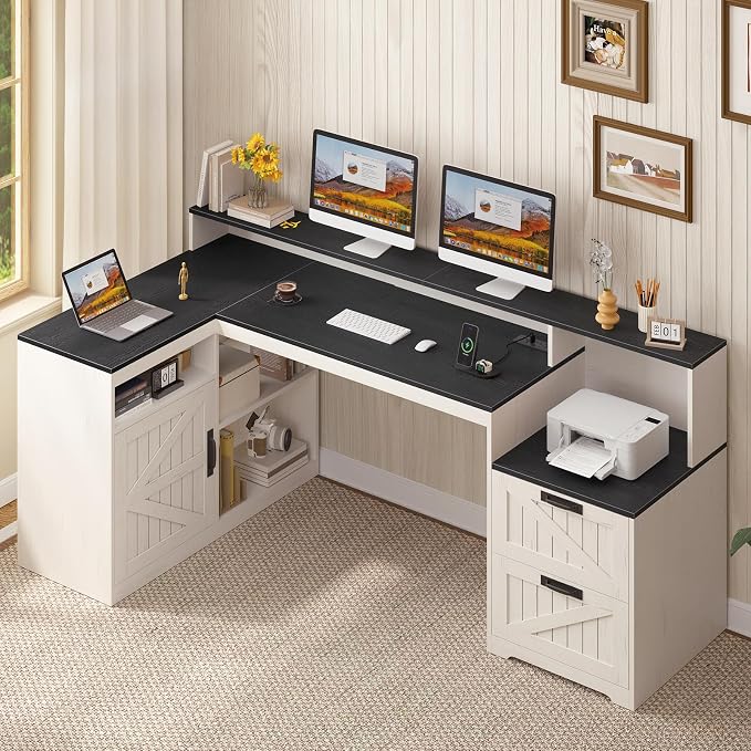 63" Farmhouse L Shaped Desk with Drawers and Printer Stand for Home Office | Computer Desk with Power Outlet, Home Office Desk with Storage Shelves and Monitor Stand, Black and White