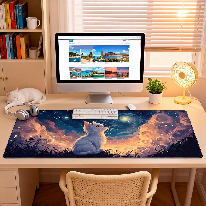 Cute Anime White Cat Gaming Mouse Pad, Blue Pink Van Gogh Desk Mat with Anti-Slip Base & Stitched Edges,35.4" x 15.7" in Table Mat for Computer Desktop, Beautiful Workstation Decor