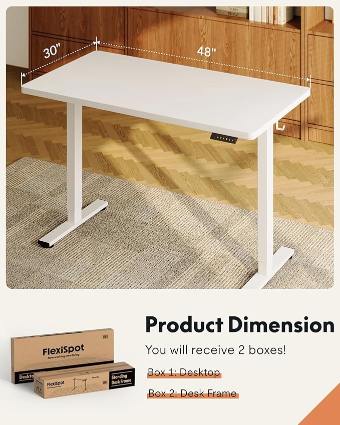 FLEXISPOT EN1 One-Piece Standing Desk with 1-Inch Thick Desktop, 48"x30" Electric Height Adjustable Desk for Home Office & Multi-Device Workstations, White(White Frame)