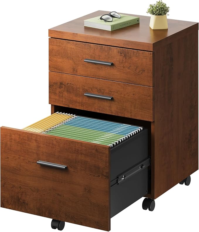 DEVAISE 3 Drawer File Cabinet, Wood Under Desk Filing Cabinet, Walnut | Rolling Printer Stand, Small Storage Cabinet with Wheels, Fits Legal/Letter/A4 Size, Home Office