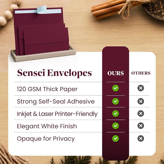 110 5x7 Burgundy Invitation Envelopes - for 5x7 Cards - A7 - (5 ¼ x 7 ¼ inches) - Perfect for Weddings, Graduation, Baby Shower - 120 GSM - Peel, Press & Self Seal - Square Flap