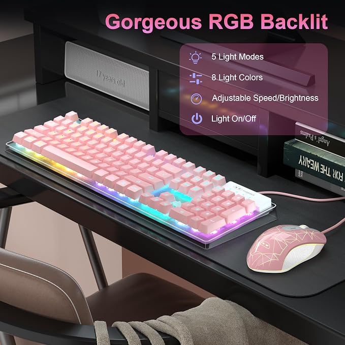 Gaming Keyboard and Mouse Combo, K1 RGB LED Backlit Keyboard with 104 Keys Computer PC Gaming Keyboard for PC/Laptop (Pink)