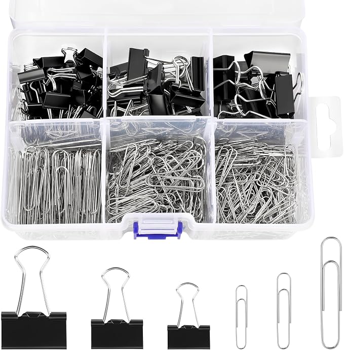 SANNIX 500Pcs Paper Clips and Binder Clips Assorted Sizes, Paper Clips | Black Binder Clips with Large Medium Small Size in Container, for Office Home School Supplies, Document Organizing