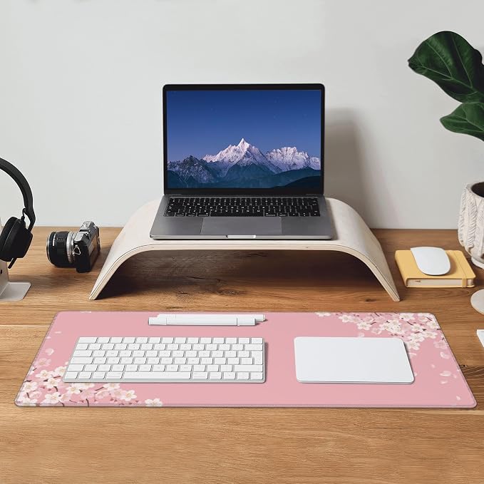 Pastel Pink Cherry Blossom Desk Mat,Large Gaming Mouse Pad,31.5x12in | Sakura Flowers Petal Aesthetic Extended Mousepad,XL Stitched Edges Keyboard Mat Elegant Desk Decor for Women,80x30 cm