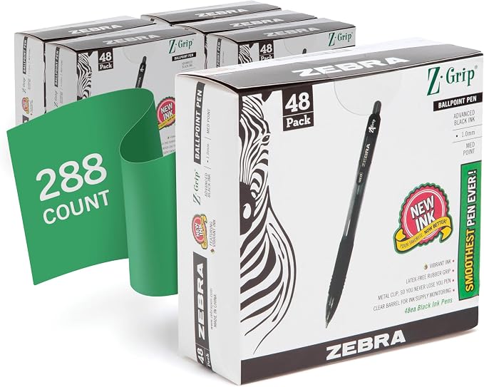 Zebra Pen Z-Grip Retractable Ballpoint Pen, Medium Point, 1.0mm, Black Ink, Model Number: 22148 - (Pack of 6, 288 Count Total) | Smooth Writing, Medium Point Tip, Ideal for Planners, Note-Taking, School and Office Supplies, and Everyday Writing
