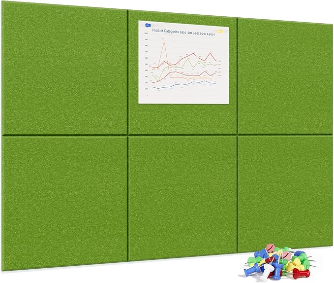 Large Cork Board for Wall, 36" x 24" Bulletin Board with Pushpins, 6 Panels Felt Tiles Tack Push Pin Board for Office, Forest Green