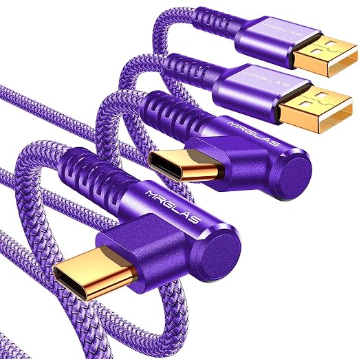 USB A to USB C Cable 3.2A 2-Pack [90°, Gold-Plated] 6.6+6.6F | Type C Charger Right Angle Nylon Braided Fast Charge Cable for iPhone 16 15 Galaxy S10 S9 Plus S21 Note 10 LG