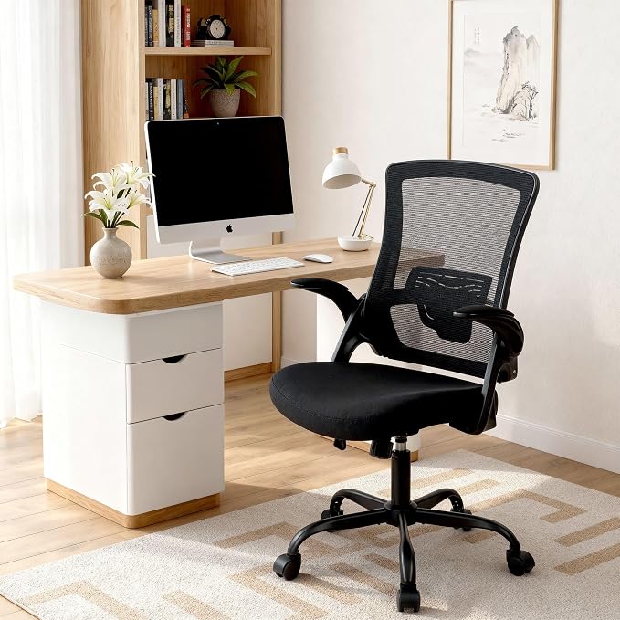 NEO CHAIR Office Desk Mesh Chair with Adjustable Ergonomic Lumbar, Black | Breathable Mesh Back Support with Flip-Up Armrests and Wide Seat Cushion for Comfortable Home Office Work and Gaming Setup