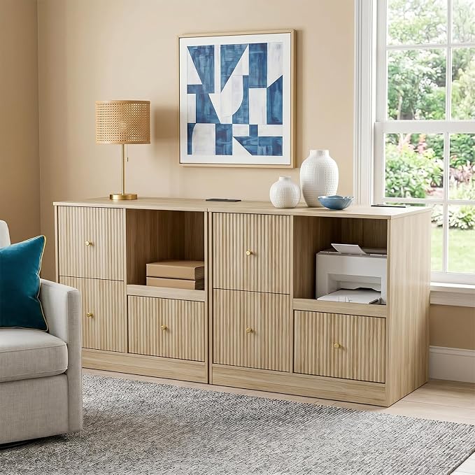 DNYN 3 Drawers Wood File Cabinet with Charging Station and Printer Stand | Vintage Fluted Lateral Filing Cabinet| For Home Office| Anti-Tipping| Fits for A4/Letter-Size Files| Pull-out Shelf
