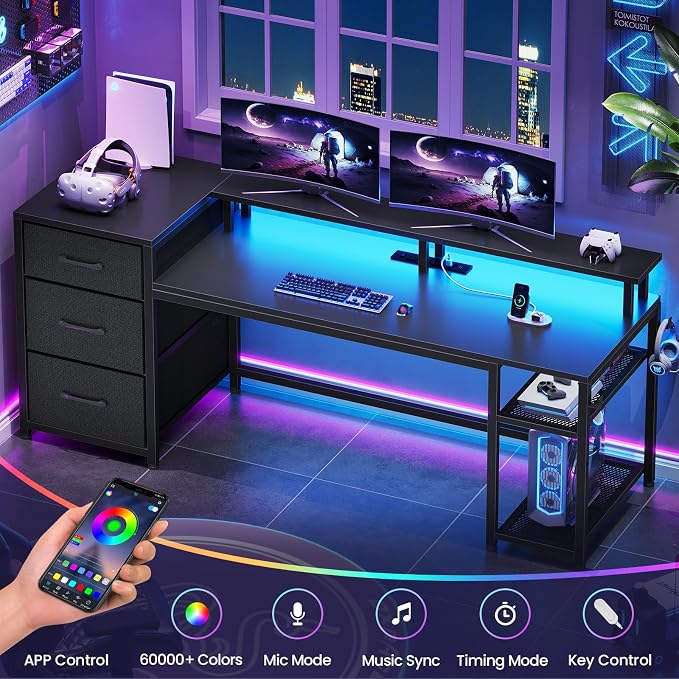 SEDETA 59" Office Desk with Drawers, Reversible Computer Desk with File Drawers & Storage, Gaming Desk with LED Lights & Power Outlet, Home Office Desks for Printer, Black