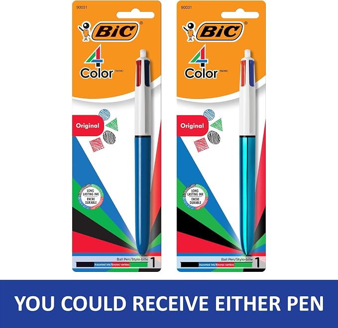 BIC 4-Color Original Retractable Ball Pens, Medium Point (1.0mm), 1-Count Pack, Retractable Ball Pen With Long-Lasting Ink (Pen barrel color may vary) (Pack of 2)