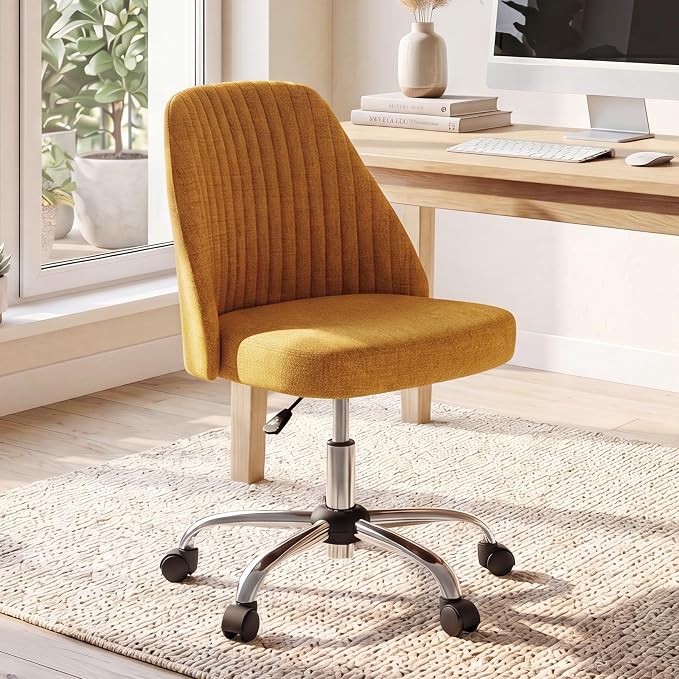DUMOS Comfy Office Desk Chair, Armless Computer Vanity Chair | Height Adjustable, 360° Rolling Swivel Task with Wheels, Wide Seat, Cute, Home Bedroom, Student, Adults, Dark Yellow