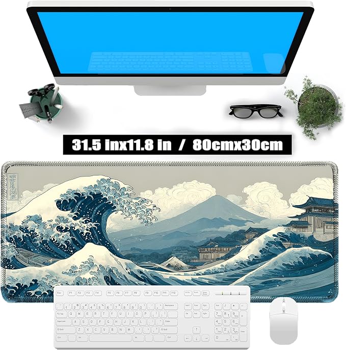 Kanagawa Wave Surfing Mouse Pad, Large Great Mount Fuji 31.5"x11.8" | Japanese Sea Anime Desk Mat, Sewn Edges, Microwoven Fabric,Easy to Clean, Suitable for Laptop Gaming