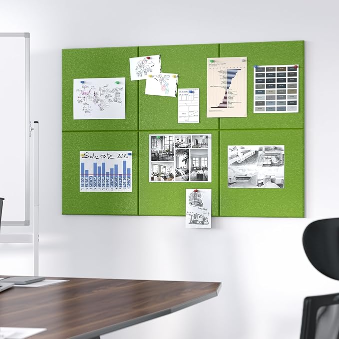 Large Cork Board for Wall, 36" x 24" Bulletin Board with Pushpins, 6 Panels Felt Tiles Tack Push Pin Board for Office, Forest Green