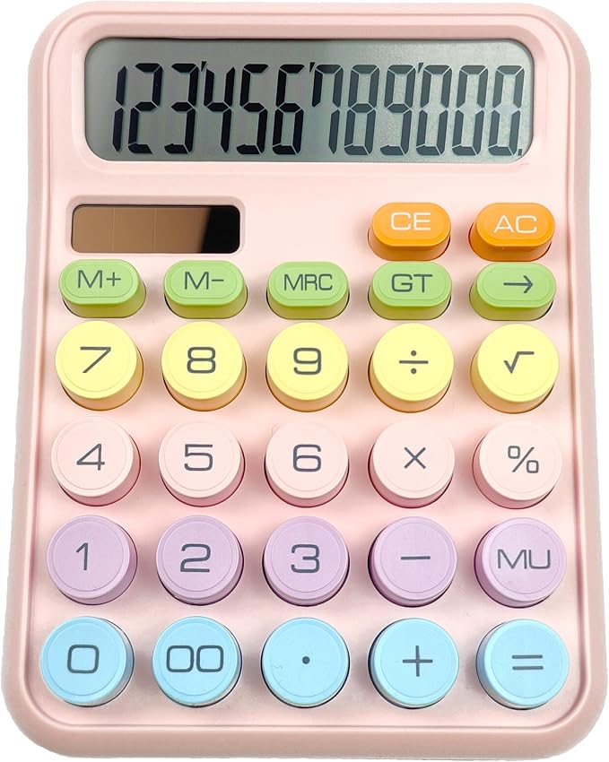 Desk Calculator with Big Easy-Press Buttons, 12 Digit Cute Office Calculators with Large LCD Display, Solar Battery Dual Power, for Office, School, Home (Pink)