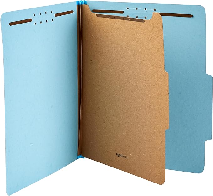 Amazon Basics Classification Folder for Documents and Organization, 1 Divider, 2" Embedded Fasteners, Letter Size, Light Blue, 10 Count