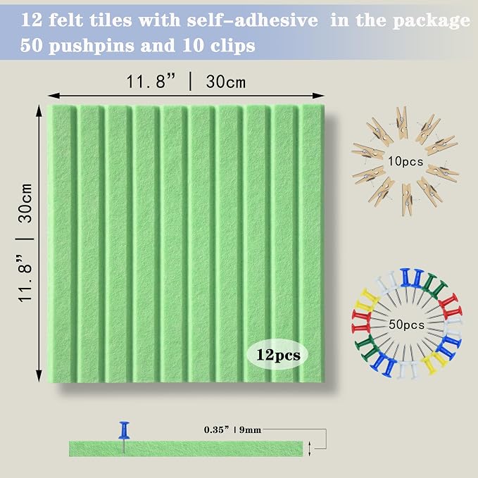 YOUDEFYOUDEFUL 47" x 35" Large Felt Bulletin Board, Green | 12 Pcs Self-Adhesive Cork Board Alternative, Pin Boards for Wall Decor, Home, Office, Classroom,Dorm
