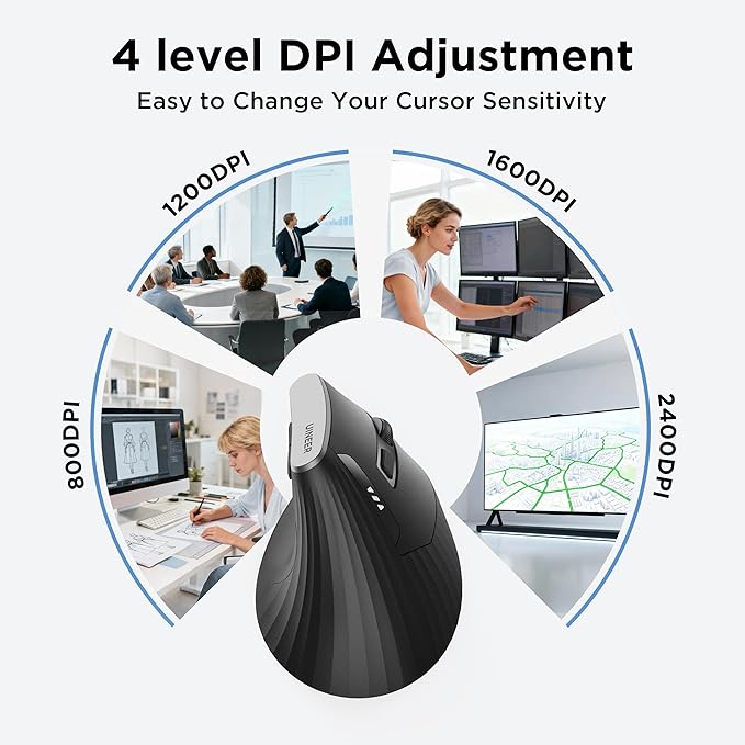Uineer Vertical Ergonomic Mouse, Wireless Bluetooth Mouse, 3-Device,Quiet | Switch among 3 devices; side scroll wheel supports horizontal navigation for documents and spreadsheets.