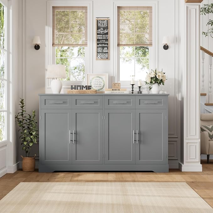 HOSTACK 60" W Sideboard Buffet Cabinet with Storage, Kitchen Cabinet, Gray | 36" Tall Kitchen Buffet Storage Cabinet with 4 Drawers, Large Coffee Bar Cabinet, Modern Buffet Table for Dining Living Room