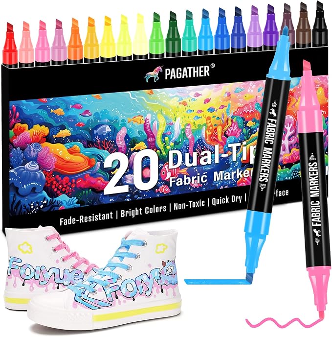 Pagather Fabric Markers, 20 Colors Dual Tip Pens for Clothes | For T-Shirts, Tote Bags, Canvas, Shoes & DIY Fabric Projects, Create Detailed Designs and Creative Patterns