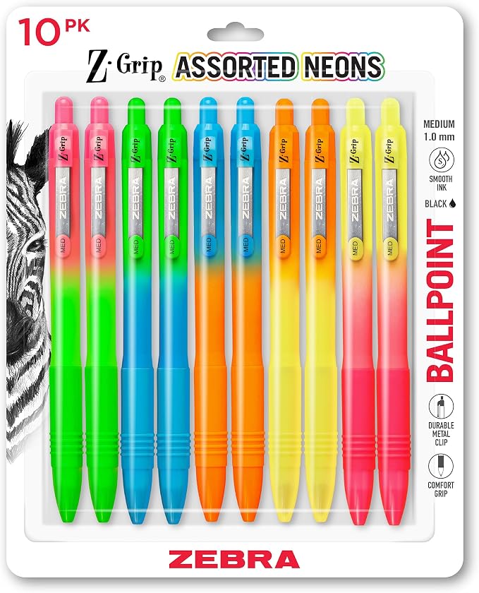 Zebra Pen Z-Grip Ombre Neon Retractable Ballpoint Pen, Black, 1.0mm, 10-Pk | Smooth Writing, Medium Point Tip, Ideal for Planners, Note-Taking, School and Office Supplies, and Everyday Writing (21201)