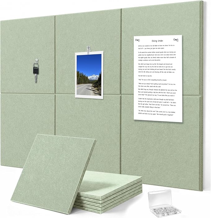 0.47" Thick Felt Wall Tiles 36"x24" Cork Board Alternative 6 Pack 11.81"x11.81"Felt Bulletin Board Pin Board with Removable Adhesive Tape&30 Pushpins for Home Office School(Flat-Sage)