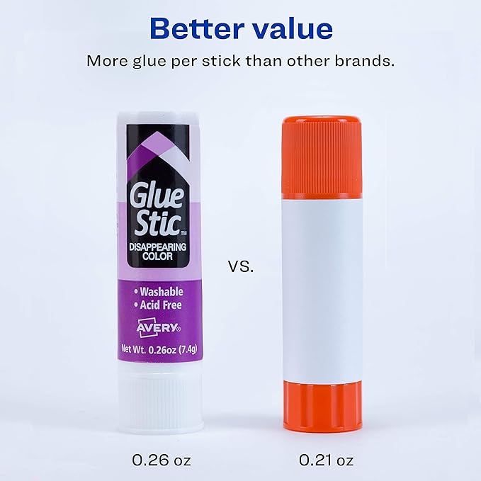 Avery Glue Stick Value Pack Disappearing Purple Color, Washable, 0.26 oz. Permanent Glue Stic, 18pk (98079)