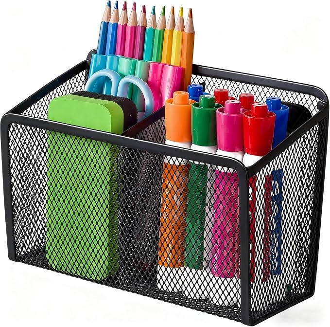 BEYGORM Magnetic Dry Erase Marker Holder for Whiteboard, Locker Organizer | Mesh Non-slip Pen & Pencil Holder for Refrigerator, Basket for Classroom, School &Office (Black, 1-Pack)