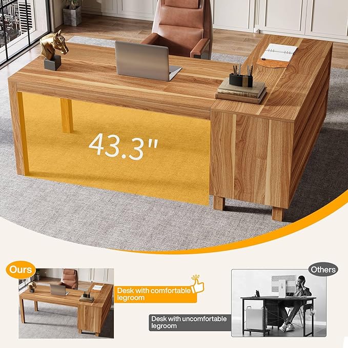Tribesigns L-Shaped Desk with File Cabinet, 59-Inch Executive Office Desk with Storage Shelves, Wooden Study Writing Desk Farmhouse Corner Computer Desk for Home Office, Rustic Brown