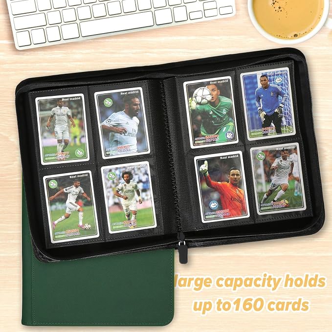 4 Pocket Ringless Side Loading Trading Card Binder, 160 Cards PU Fixed Page Zipper Card Album for TCG Sports Game Cards, Not Fit Top Loaders (Dark Green)