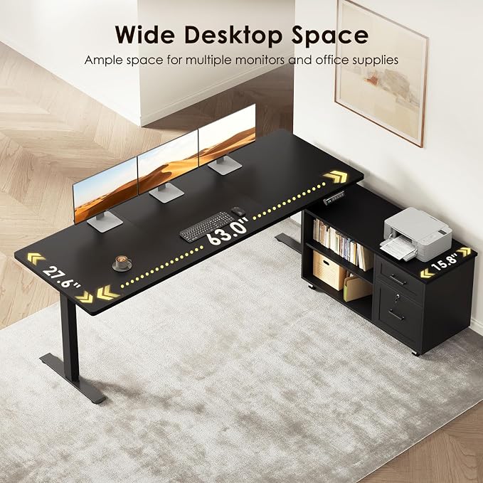 63 Inch L Shaped Electric Standing Desk with Cabinet Sets, Black | Mobile Drawers & File Cabinet Sets for Flexible Layout, Height Adjustable Executive Stand Up Desk for Home Office Workstation
