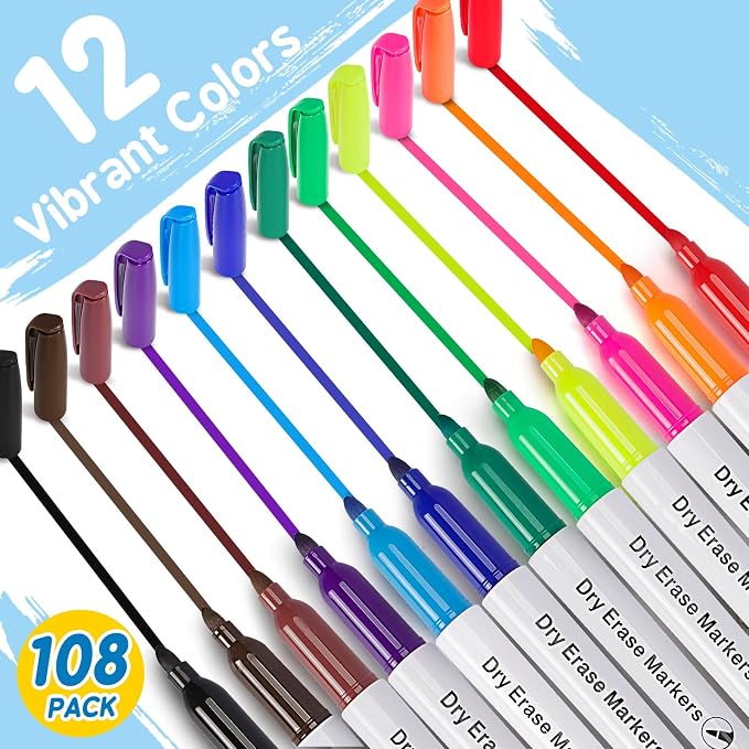 108 Count Dry Erase Markers Bulk, Fine Tip Whiteboard Markers in 12 Colors | Low Odor Ink, Quick-Dry, Non-Toxic, Smooth Writing, Office, Classroom, Back to School Supplies