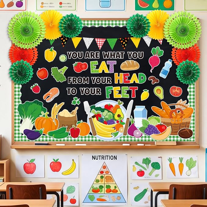 77 Pcs Cafeteria Bulletin Board Decorations with 3D Paper Fans | Nutrition Classroom Bulletin Board Set, Healthy Plate Fruit Vegetable Cutouts, Back to School Wall Door Decor Supplies
