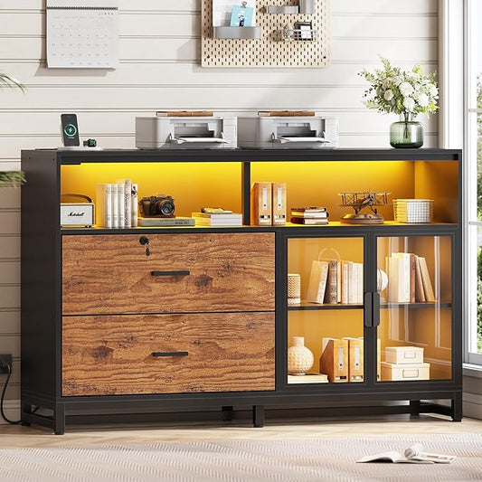 SEDETA 59" Filing Cabinet with Lock Drawers fits Legal Size for Home Office | Rustic Brown Lateral 2 Drawers File Cabinet with Acrylic Display Cabinet, Power Strip, Printer Stand with Storage Shelves
