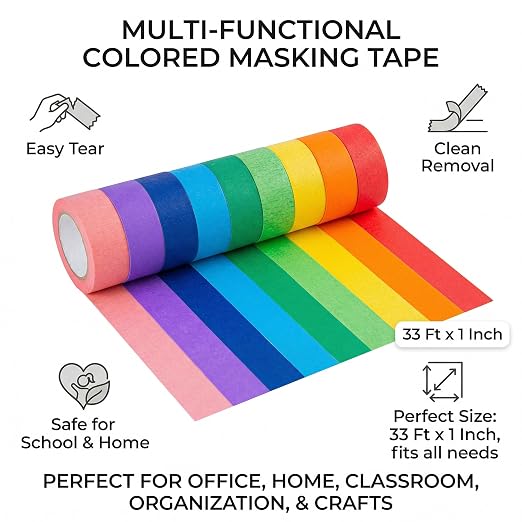 SallyFashion 10Roll Colored Masking Tape, 33 Ft x 1 inch Rainbow Painters Tape for Crafts & Labeling, Craft Supplies for Kids, Teachers, and Office, Color Coding, and DIY Projects (Pack of 3)