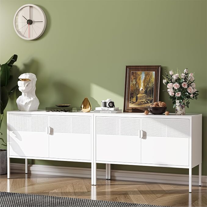 COFaR TV Stand for TVs up to 75 Inch, 40''L Media Console with Ventilation Doors, Metal Entertainment Center with Adjustable Shelves & 120Lbs Storage for Living Room & Bedroom, White