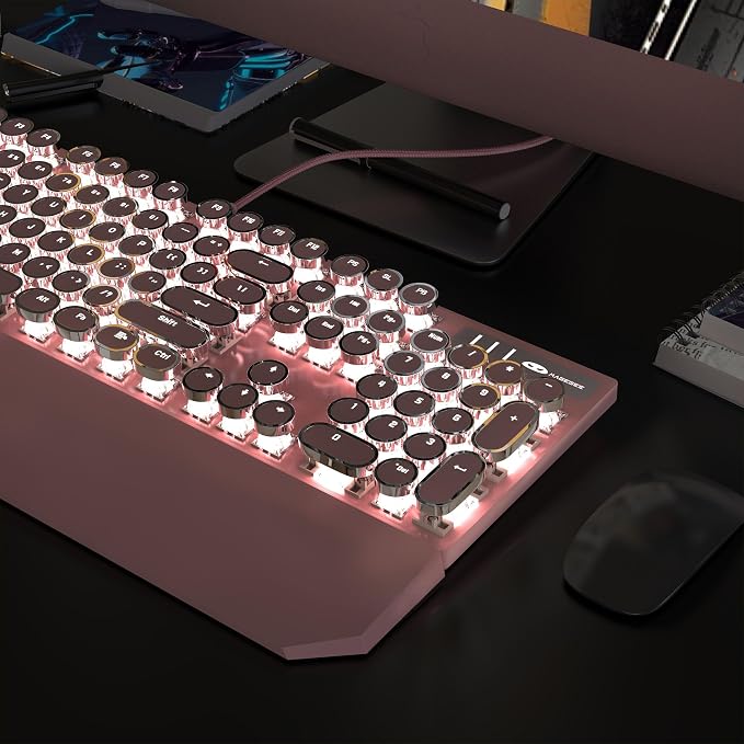MageGee Typewriter Mechanical Gaming Keyboard, Retro Punk Pink Round Keycaps, 104 Keys LED White Backlit Wired Keyboards for Laptop MAC PC Gamer, with Magnetic Wrist Rest, Blue Switch