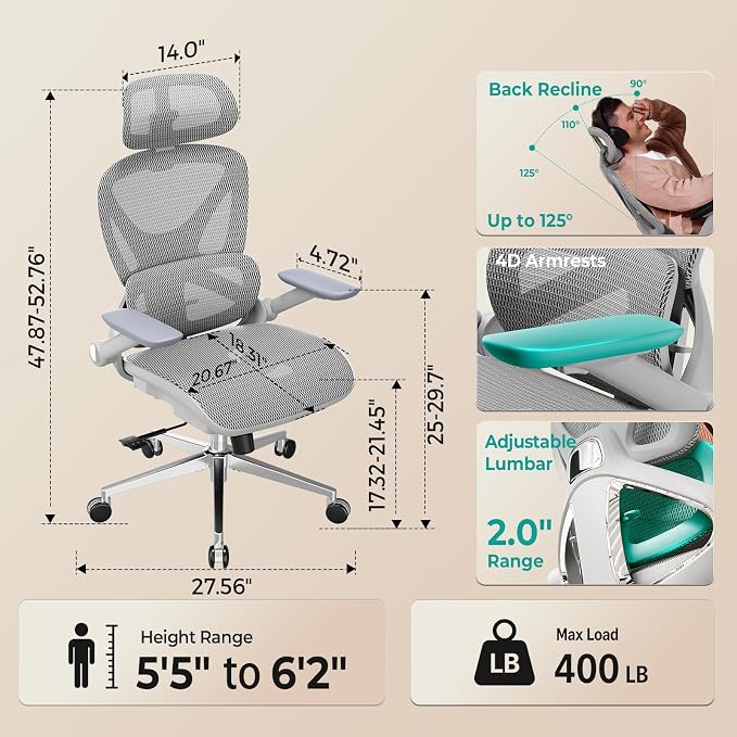 Ergonomic Mesh Office Chair, Adjustable Lumbar High Back Desk Chair 400lbs, 4D Flip-up Arms, 3 Tilt Backrest, 3D Headrest, PU Wheels, Swivel Rolling Computer Chair for Long Desk Work - Grey